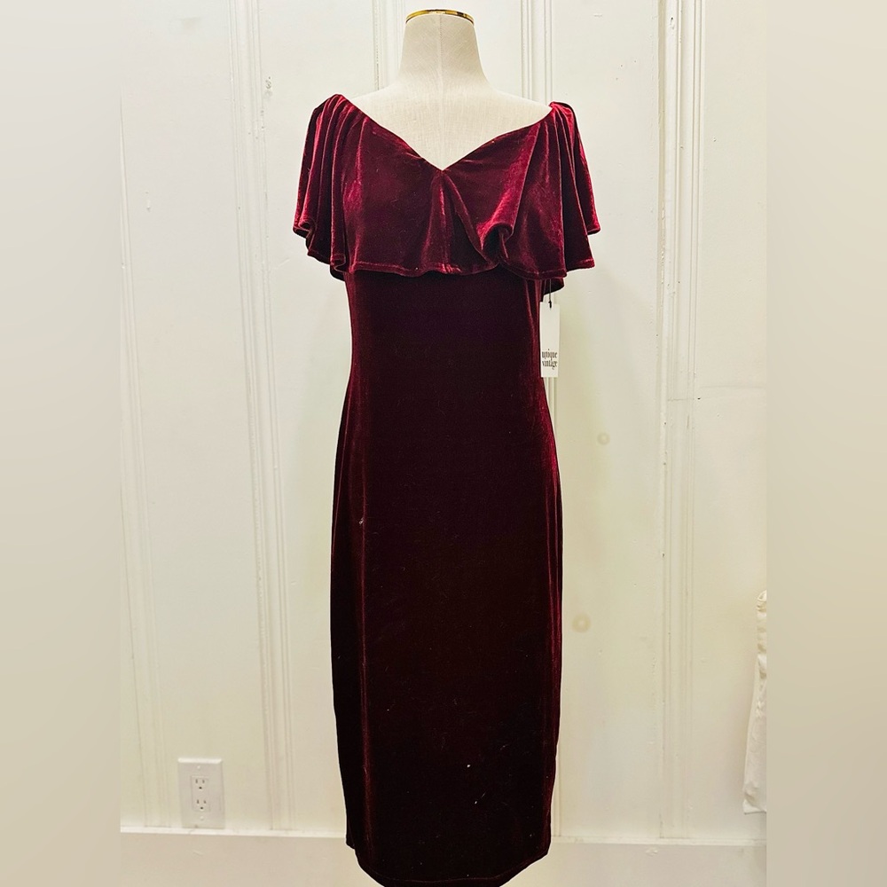 NWT unique vintage wine color, off the shoulder velvet dress size L: 10/12